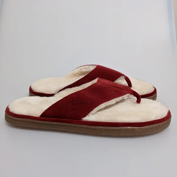 L.L. Bean Women's Red Suede Shearling-Trim Thong Slippers - Picture 3 of 7